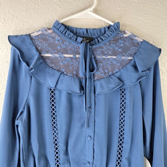 Victorian Buttondown Shirt M Blue Satin Ruffled Bell Sleeve Regency Preppy Top - Picture 4 of 13